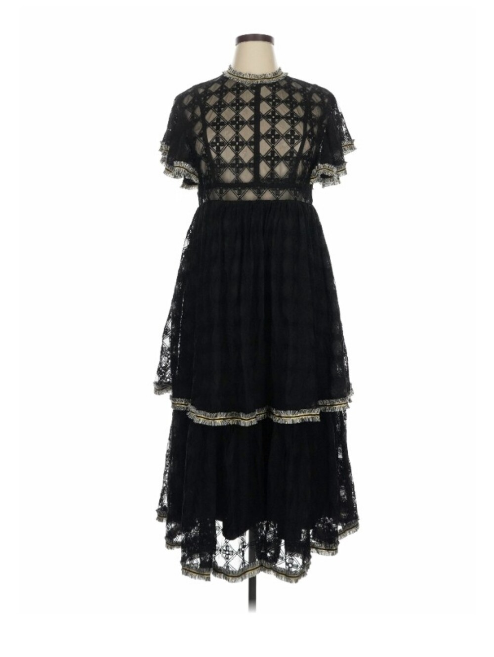 Japajo Copenhagen Black Lace Tiered Midi Dress with Embellished Trim